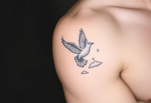 Dove and a blue jay, clouds, shining light to or from heaven tattoo idea