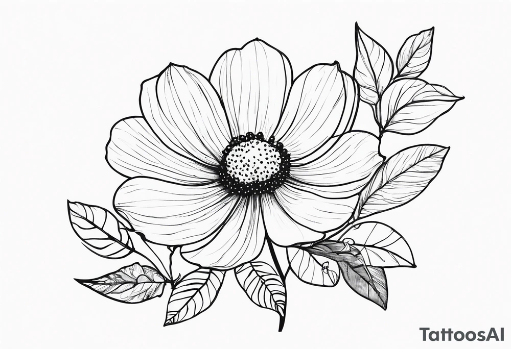 minimalist s-curve of cosmos flower, and rowan tree berries and flowers tattoo idea