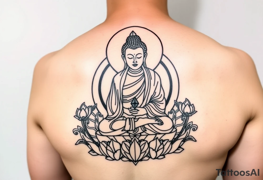 "Tibetan thangka tattoo with a crypto twist:  
1. Central figure is a Buddha with a QR-code face  
2. Halo replaced by Ethereum symbol (geometric)  
3. Lotus throne sits on server rack  

Style: Black ink, line art with dotwork shading. Size: 10x15cm (forearm/back). No background." tattoo idea