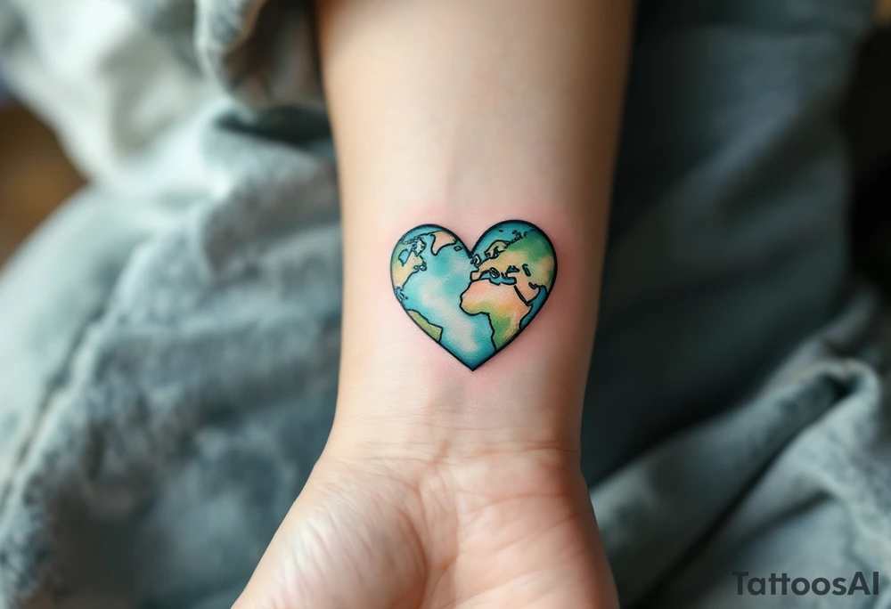 A heart-shaped Earth tattoo in pastel teal and moss green symbolizes love for the planet. tattoo idea