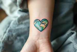 A heart-shaped Earth tattoo in pastel teal and moss green symbolizes love for the planet. tattoo idea