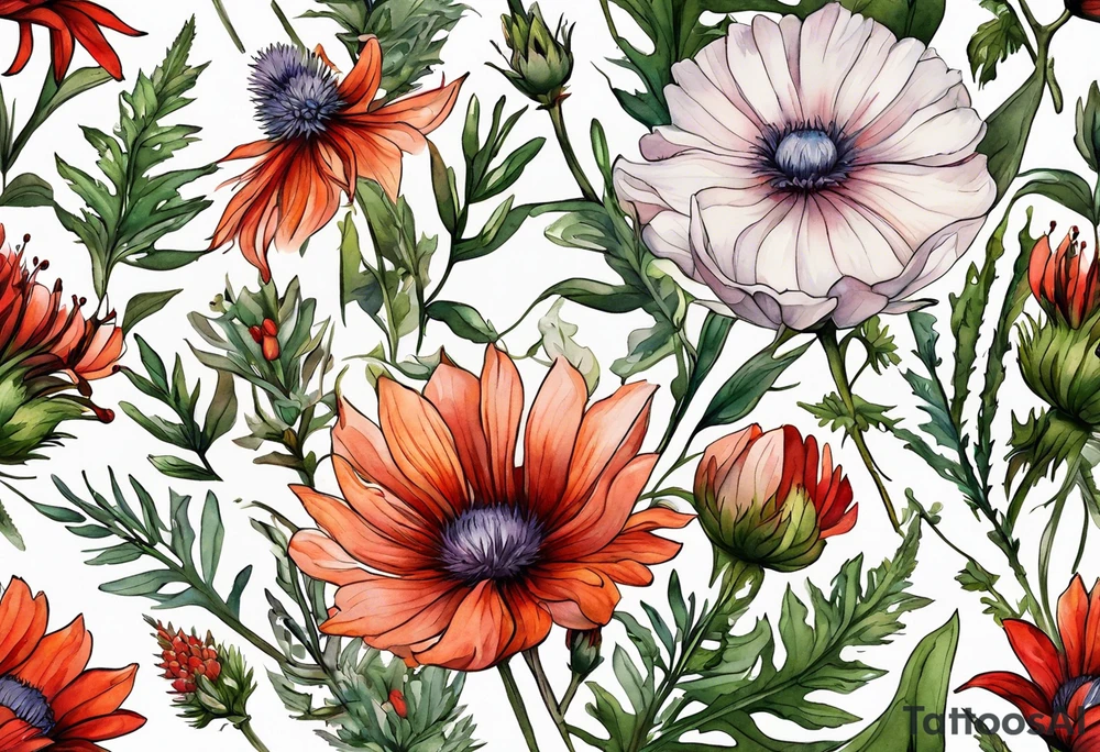wildflowers with thistles, ferns, white flowers, cream flowers, green flowers, pink flowers, burnt orange flowers, red flowers, berries and all in watercolor tattoo idea