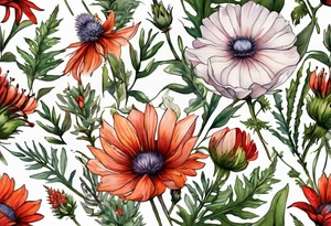 wildflowers with thistles, ferns, white flowers, cream flowers, green flowers, pink flowers, burnt orange flowers, red flowers, berries and all in watercolor tattoo idea