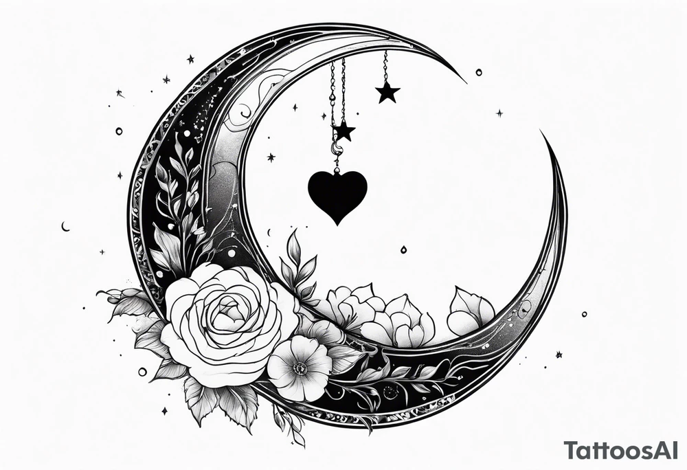 Crescent moon with a heart inside, shrouded by beautiful flowers with wisps of mist tattoo idea