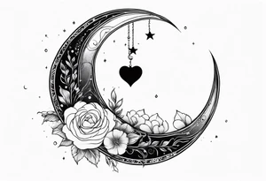 Crescent moon with a heart inside, shrouded by beautiful flowers with wisps of mist tattoo idea