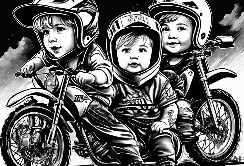 4 children: 1 boy with a motocross bike, 1 girl who loves horses, 1 boy who is deaf and 1 girl who is a baby tattoo idea