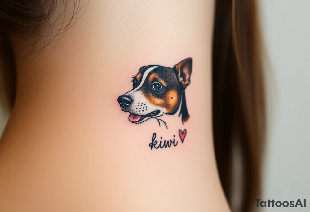 One line tattoo of female dog with white strip going up dog’s snout slightly off centered. Brown brindled and the dogs tongue slightly out with  the name kiwi and Just the colors black  white brown with a small heart near by tattoo idea