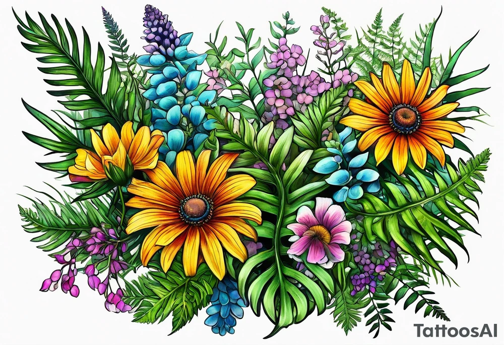 mixed wildflower with ferns and with color tattoo idea