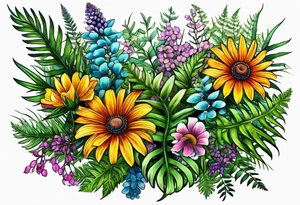 mixed wildflower with ferns and with color tattoo idea