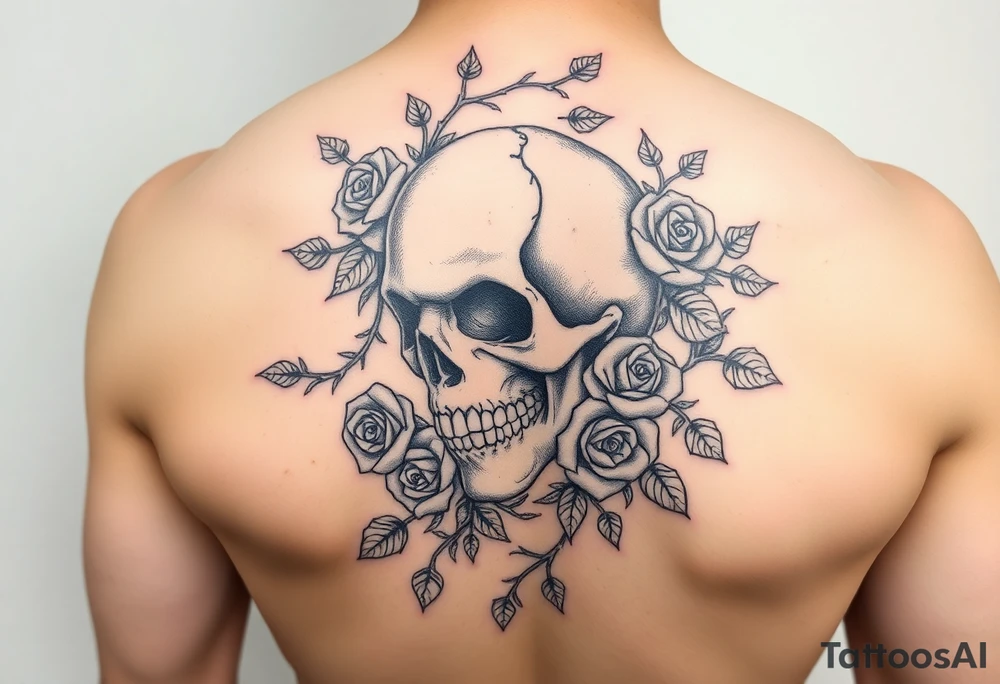 gothic skull intertwined with climbing roses and thorny vines tattoo idea