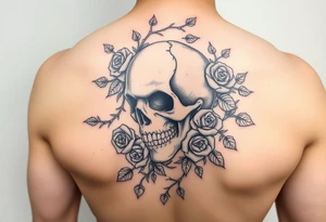 gothic skull intertwined with climbing roses and thorny vines tattoo idea