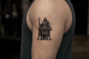 Hades with Cerberus in a dark, mythological style. tattoo idea
