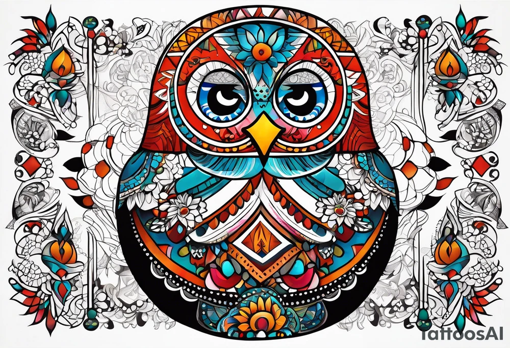 Russian doll with geometric patterns, with lots of Indian designs around the doll tattoo idea