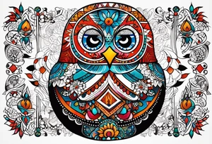 Russian doll with geometric patterns, with lots of Indian designs around the doll tattoo idea