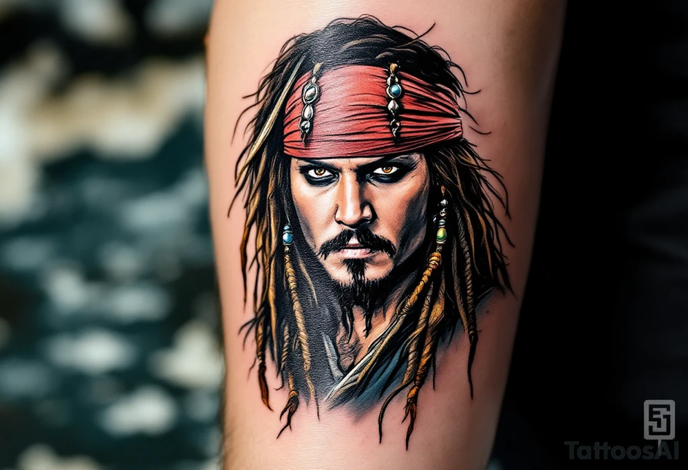 A dramatic portrait of Jack Sparrow with his signature wild hair and beaded braids. His face is full of personality, with his dark brown eyes and iconic mustache, all framed by a shadowy ocean background. Deep brown for hair, black and gray for the details, tan for the skin, with subtle hints of sea green and golden highlights. tattoo idea