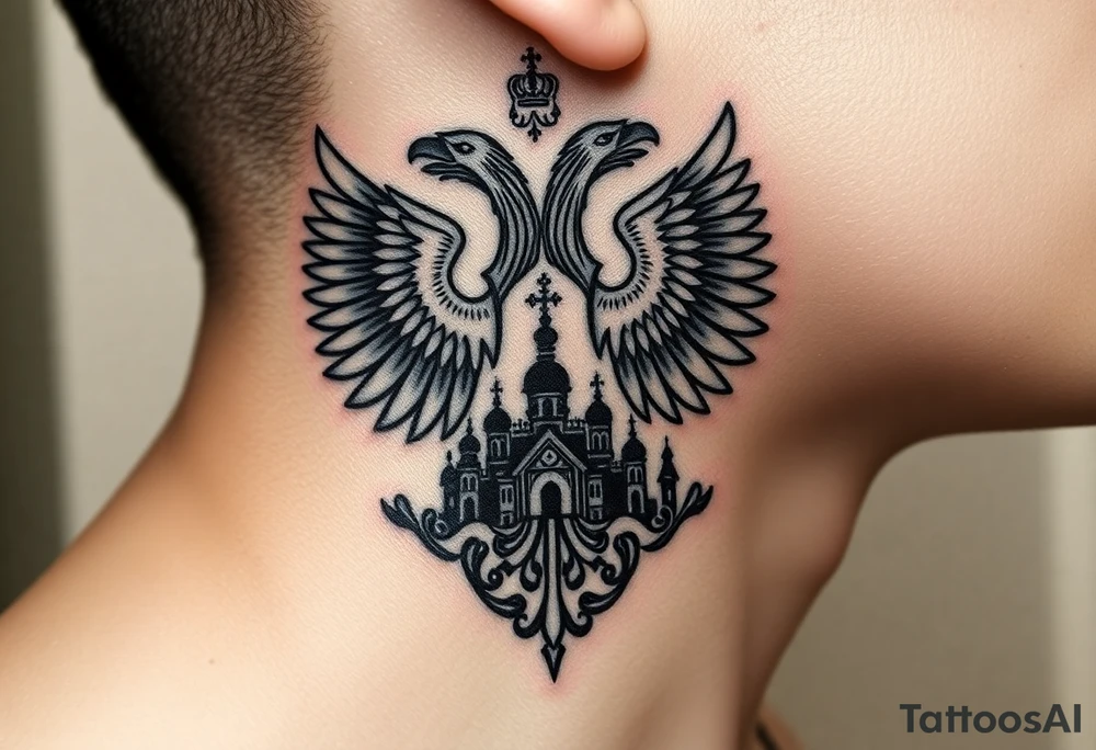 Traditional authentic Russian coat of arms with double headed eagle & a Christian orthodox virgin marry in the middle and silhouette in a Russian wilderness Christian orthodoxy dome church village setting on the side of my neck tattoo idea