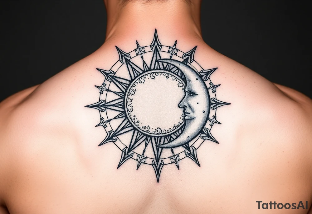 celestial sun and moon embrace with constellation patterns tattoo idea