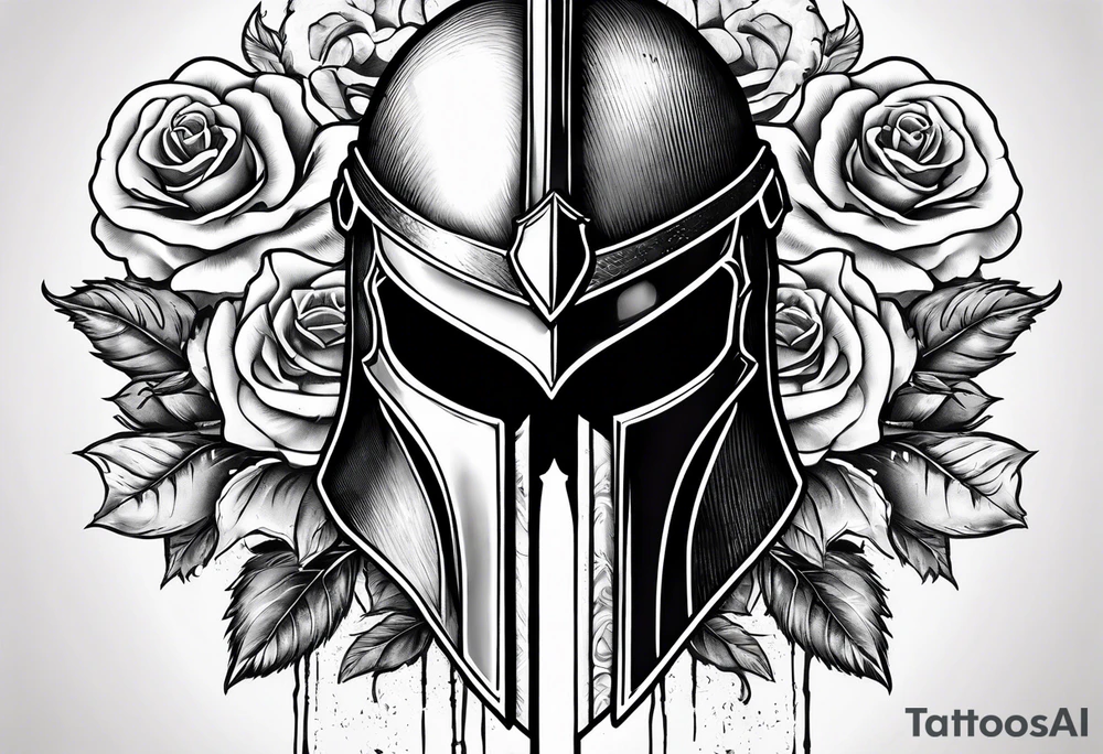 A miniature image of a Spartan helmet and a medieval sword with a rose. tattoo idea