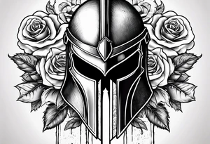 A miniature image of a Spartan helmet and a medieval sword with a rose. tattoo idea