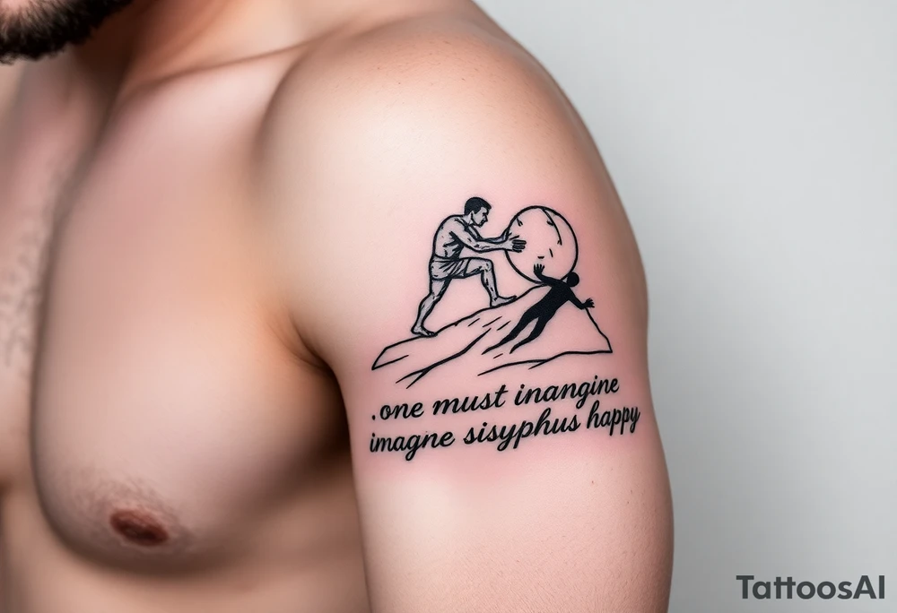 I want to get a tattoo. Unsure of where so give me ideas. It’s centered around the myth of Sisyphus and need help with how to design it. But I know I want it to resemble the story so maybe a man pushing a boulder up a hill with a couple other tiny details. Then I want the words from the quote “one must imagine Sisyphus happy.” I want ideas for a design that will encapsulate the story of Sisyphus tattoo idea