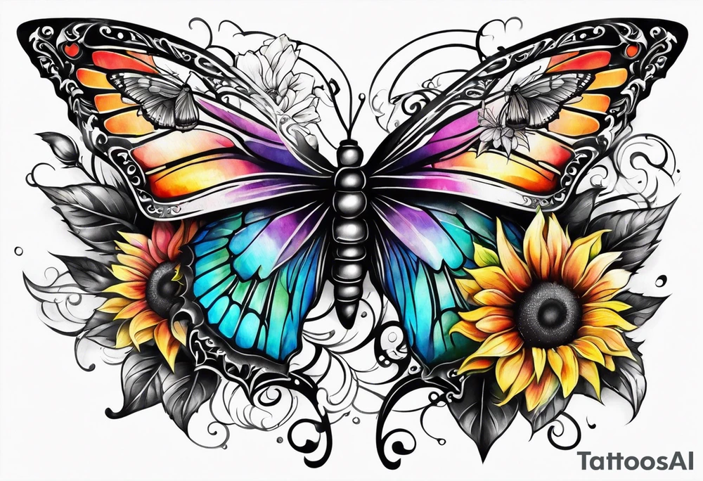 arm sleeve with winged cross, rainbow sunflowers and butterflies tattoo idea