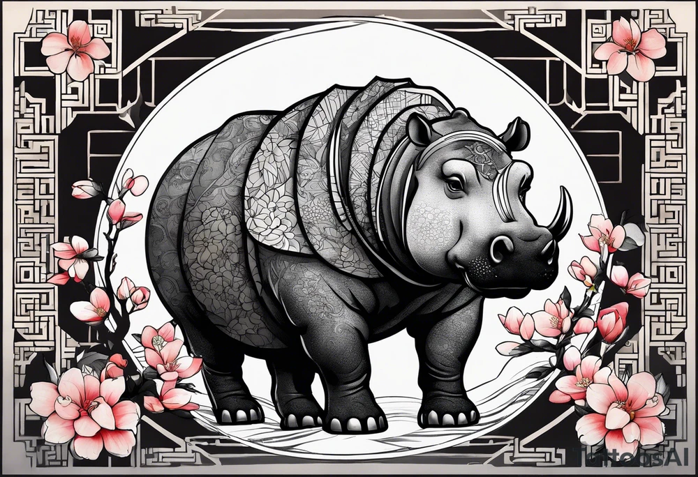 Asymmetrical, geometric, chinese ink art touch, hippo , full moon, wintersweet flower, light , modify from my favourite, s-shape tattoo idea