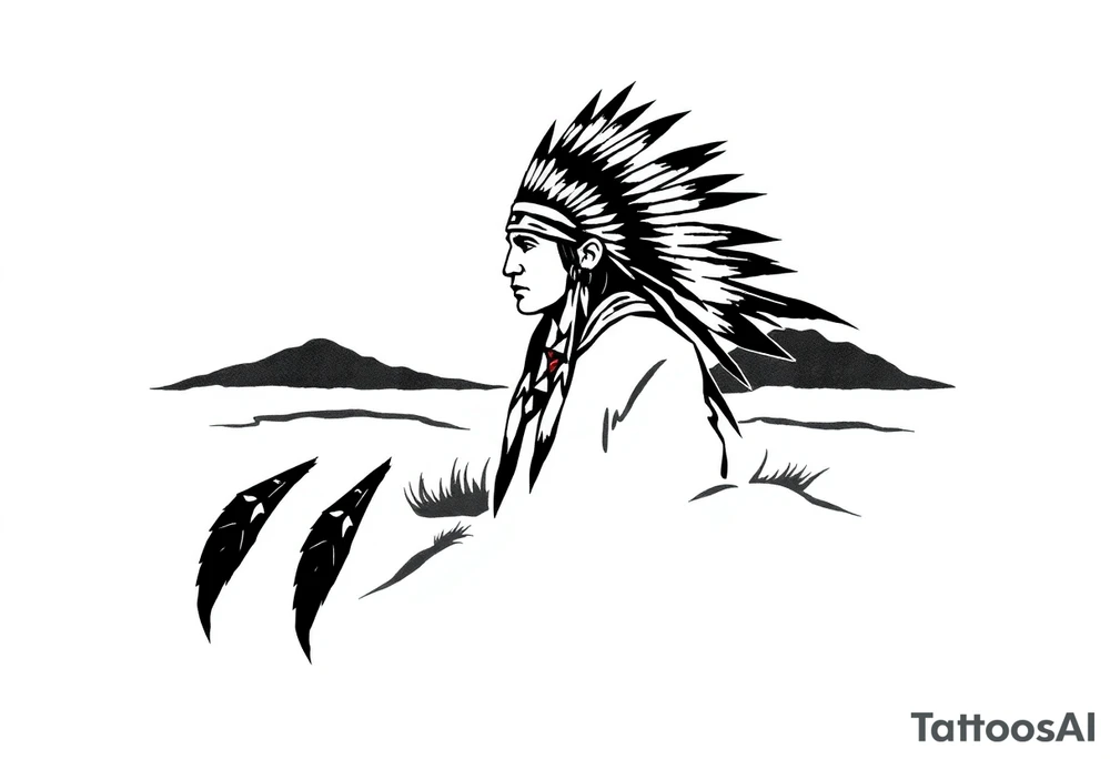 Silhouette of Native American tribe in sunset tattoo idea