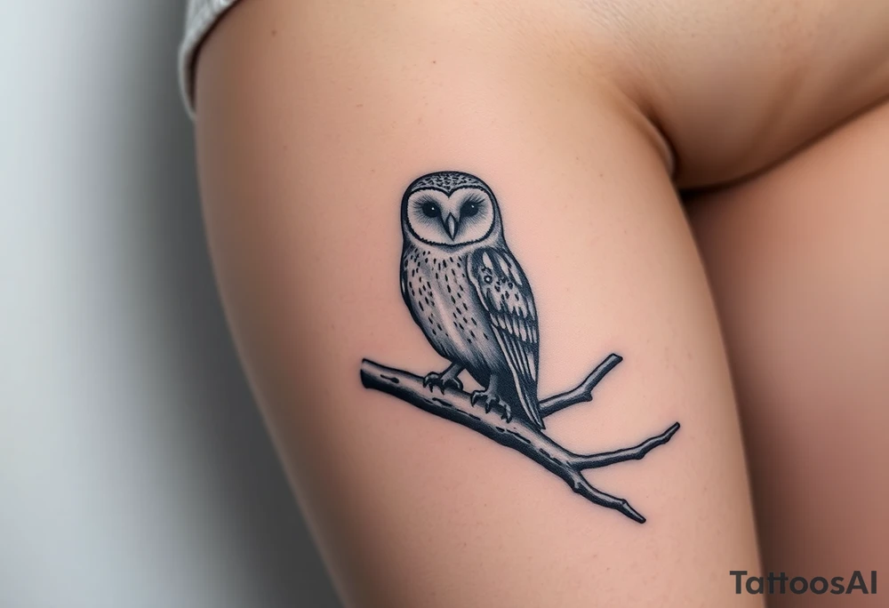 Barn owl perched on ancient oak branch under starlit sky tattoo idea