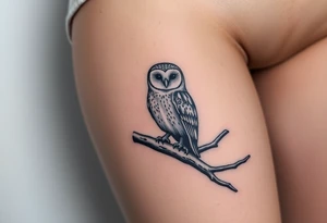Barn owl perched on ancient oak branch under starlit sky tattoo idea