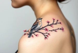 Standing on a plum blossom branch, there is a small sparrow in an ink painting with freehand brushwork and blank space tattoo idea