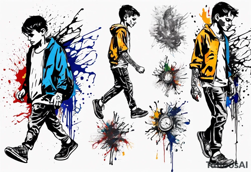 Paint splash drawing a lost boy walking alone tattoo idea