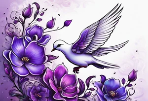 Purple flowers with a small realistic white dove coming from heaven to commemorate somebody that passed away. tattoo idea