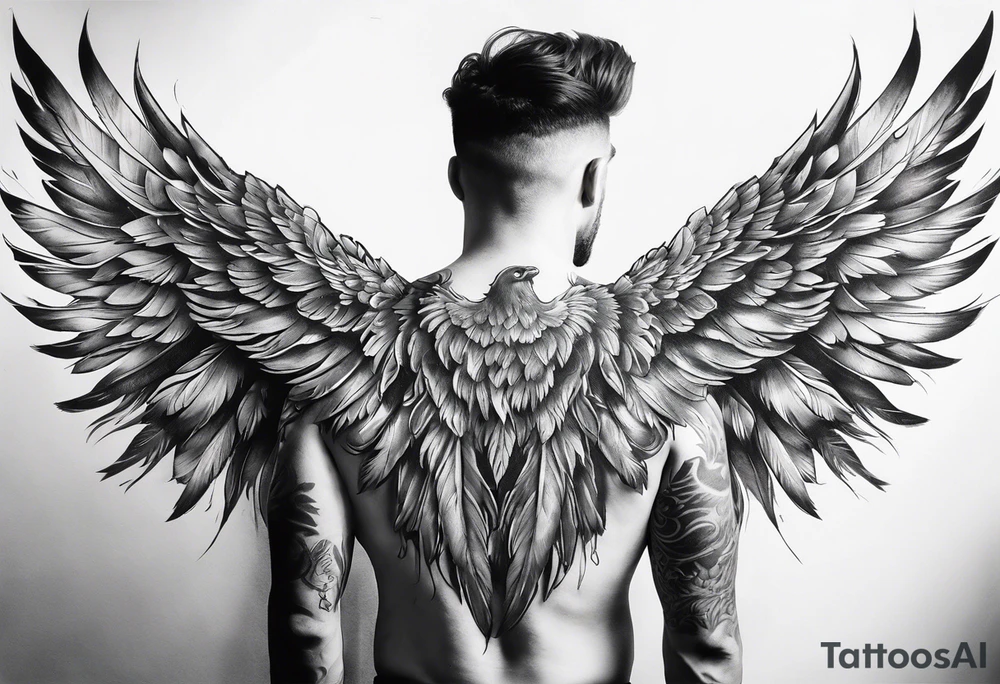 wings tattoo extending from a mens shoulders, covering the upper arms and upper back. The feathers are intricately detailed, with soft shading in black and gray to create depth and texture. tattoo idea
