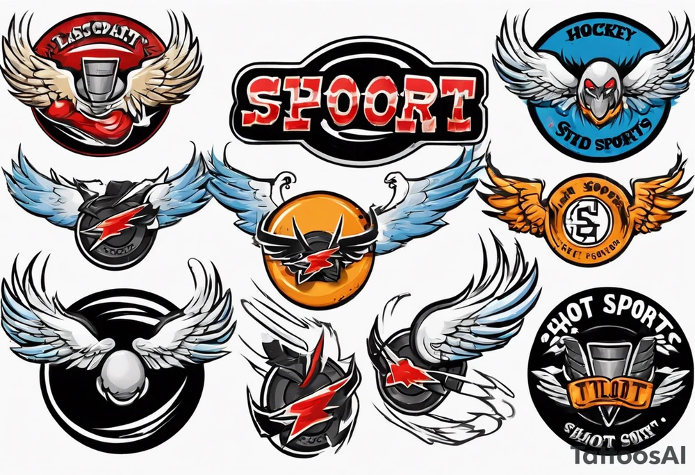 hockey puck with wings that says "SHOT SPORTS" tattoo idea