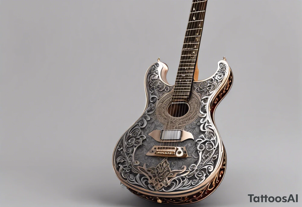 A tattoo featuring an intricate design where the body of a guitar is filled with elaborate swirls and floral patterns. The design is symmetrical with a blend of various curls and loops emanating from the center of the guitar, creating a decorative, ornate appearance. The guitar's neck and headstock are sleek and extend upwards, surrounded by small music notes and stars scattered around it, adding to the musical theme. The entire tattoo has a sense of movement and rhythm, as if the music is flowing from the strings. The tattoo is monochromatic, using shades of black and gray to give depth and contrast. tattoo idea