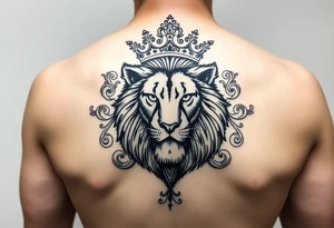 majestic lion wearing ornate crown, surrounded by baroque flourishes tattoo idea