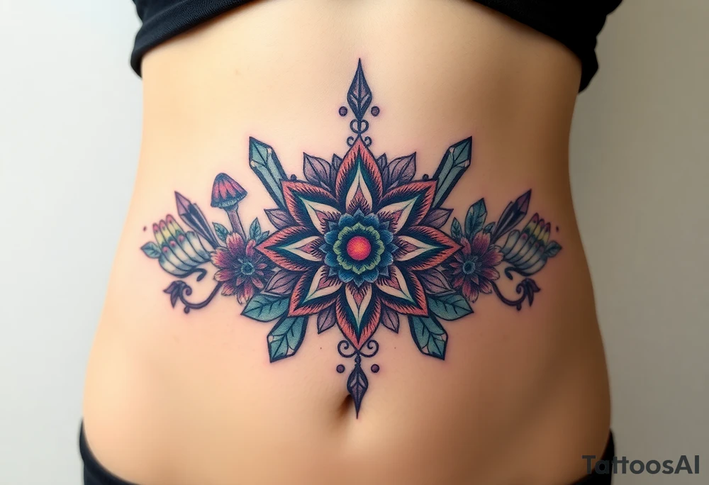 psychedelic  tattoo with crystals and  mandala style flowers and mushrooms under boobs tattoo idea