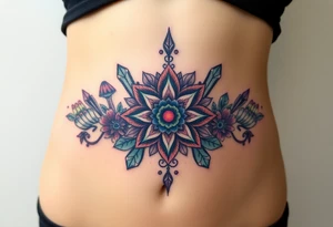 psychedelic  tattoo with crystals and  mandala style flowers and mushrooms under boobs tattoo idea