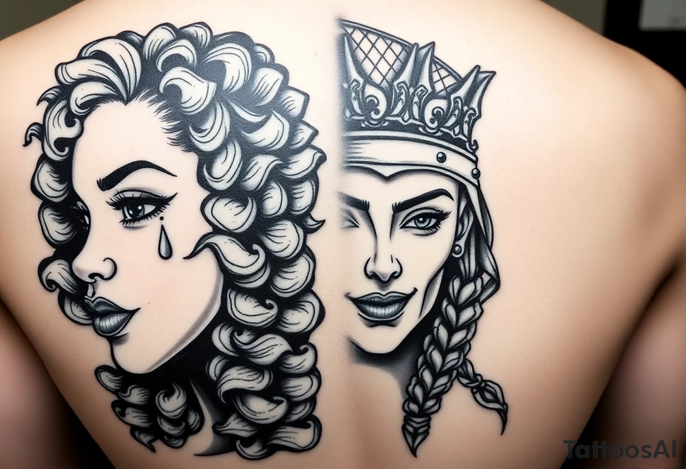 A beautiful woman with beautiful curly hair, and a teardrop falling from her eyes, African American- other 1/2 a beautiful warrior women with a crown and a smirk on her face. Embodying 1/2 faced one soft and gentle-one strong and mighty. Blend together onto 1 face tattoo idea