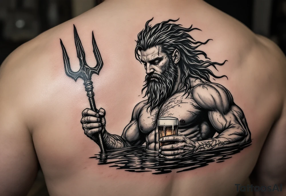 young, fit poseidon in calm water, holding a trident, holding a beer, looking at the beer tattoo idea