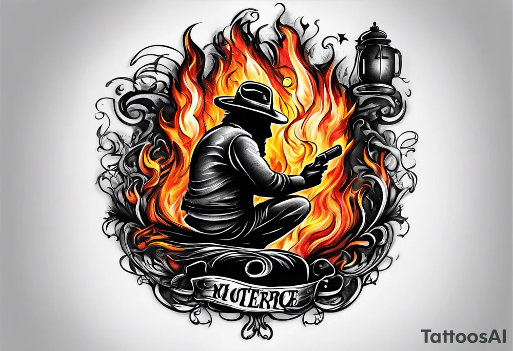 shadow in a fire with script "can't escape" tattoo idea