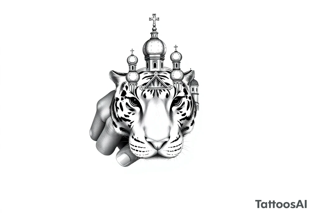 Realistic white tiger face on the back of the hand with strong contrast and fine detail with its eyes completely black. with a highly detailed Russian Orthodox cathedral sitting above on fore arm with onion domes and orthodox crosses, done in fine line, engraving-like style. Cohesive composition, black ink only, no color, high contrast, slightly aged, documentary-style, plain light background. with clouds above and a virgin mary 
spanning from my hand to lower fore arm tattoo idea