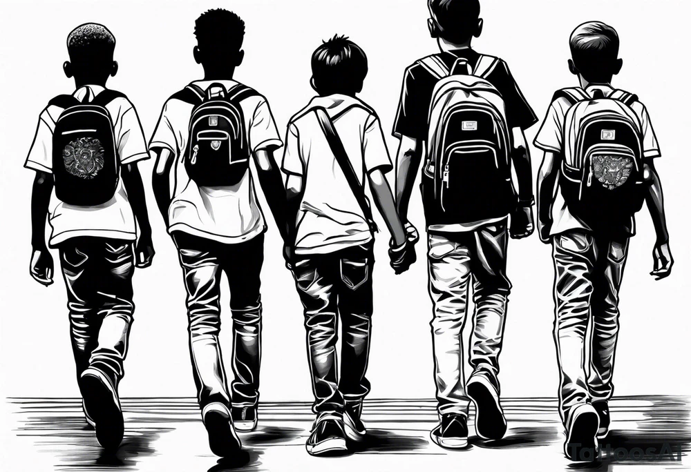 full bodies of 3 black school age boys walking away together and one is looking to the side at the one in the middle tattoo idea