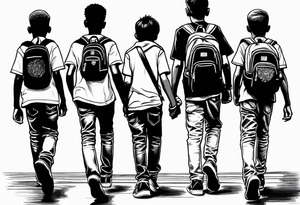 full bodies of 3 black school age boys walking away together and one is looking to the side at the one in the middle tattoo idea