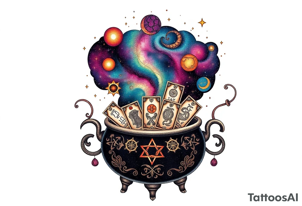 Milky way galaxy filled with zodiac symbols runes tarot cards coming out of a cauldron tattoo idea