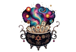 Milky way galaxy filled with zodiac symbols runes tarot cards coming out of a cauldron tattoo idea