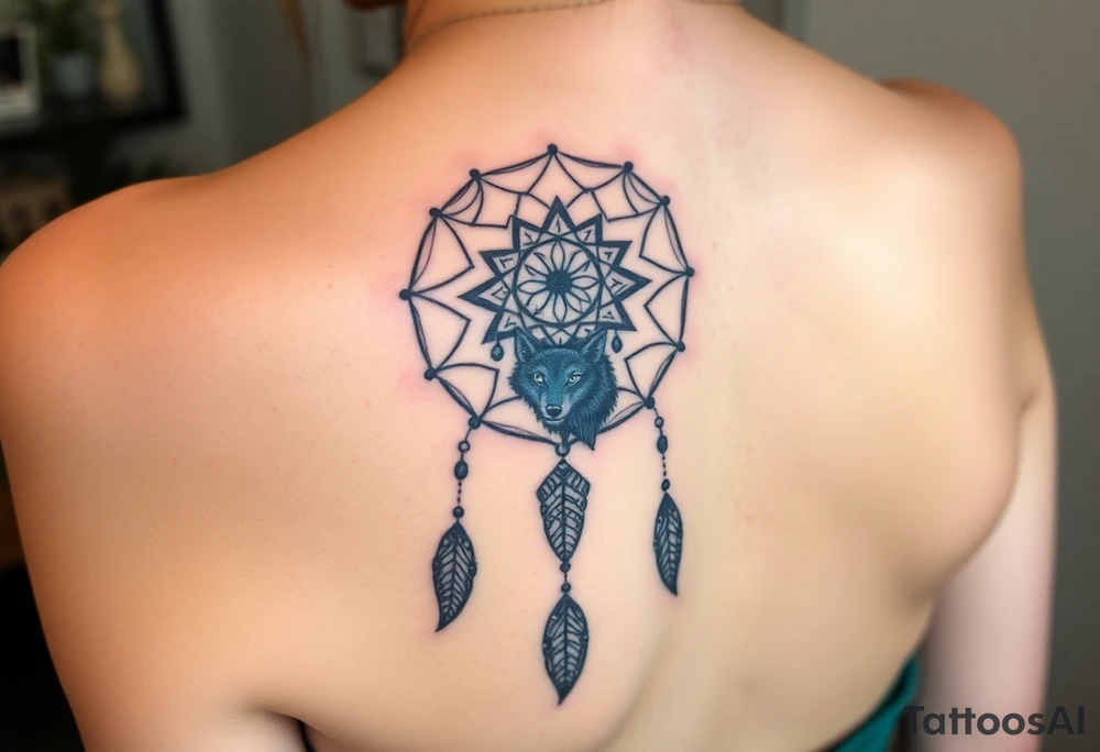 Dreamcatcher with zodiac symbols and protection runes caught in it with wolf teal tattoo idea