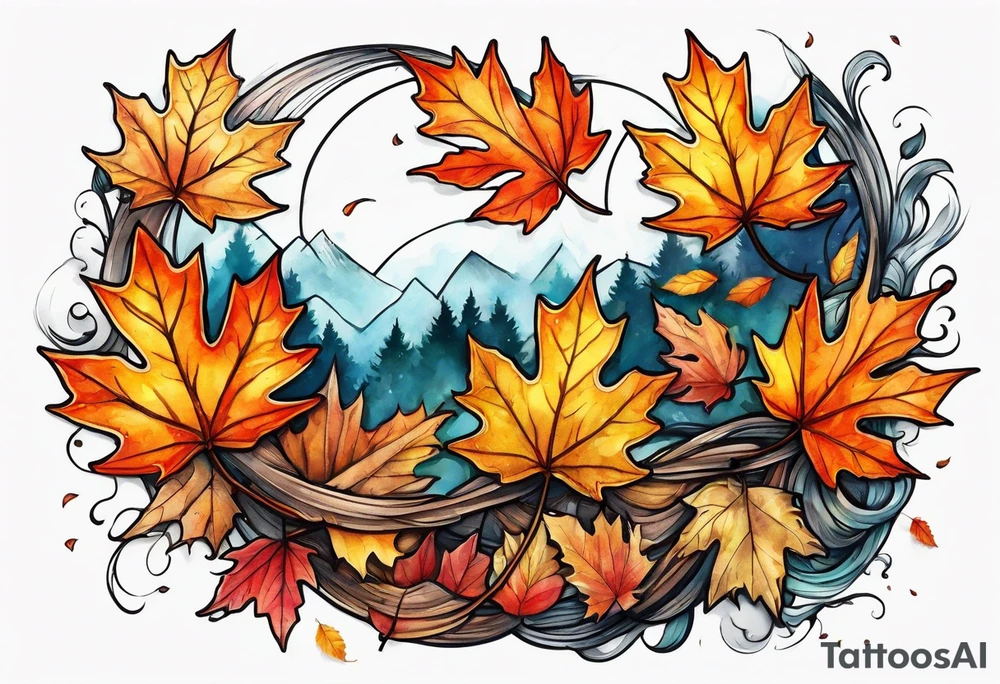 Autumn leaves falling and blowing in wind tattoo idea