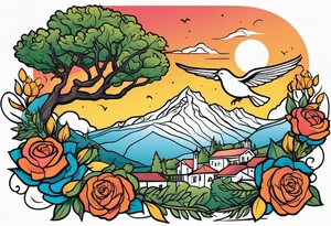 create Mediterranean climate with mountain in the background, add an oak tree, rose bush, dove with olive leaf, singing nightingale, lantern with a lit candle. tattoo idea