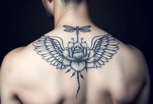 Angel wing shoulder design with a floral waterlily and dragonfly design above it tattoo idea